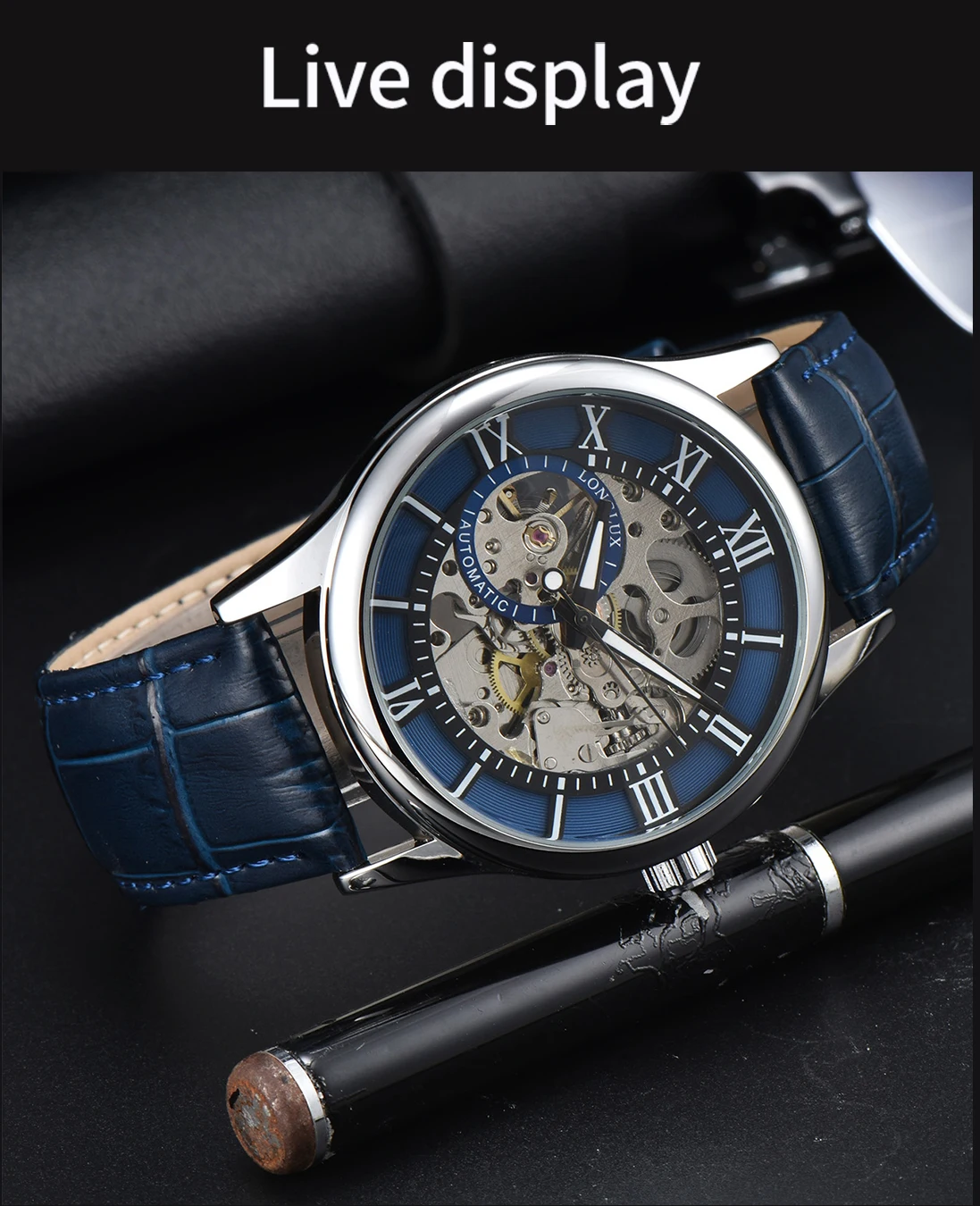 Herren-Automatikuhr, Luxuriöse Mechanische Uhr mit Römischen Ziffern, Wasserdicht, Skelett-Design, Nachleuchtend, Lederarmband, Herrenuhr, Ideal als Geschenk – Detail 10