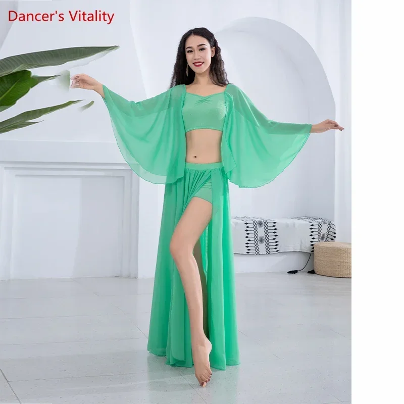 Traje de dança do ventre conjunto mangas alto-falante + sexy split chiffon saia 2 pçs customizado adulto criança oriental dança wear 6xl