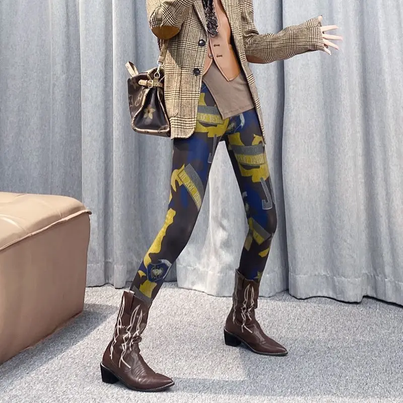 Leggings for Women European Tight-fitting Stretch Contrasting Printed Nine-point Pants Trendy Mesh Style