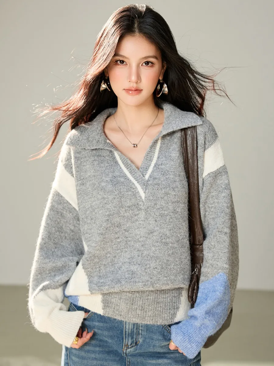 Early Autumn Long Sleeve Knitted Sweater Women's Loose V-Neck Color Block Design Casual Style Comfortable Soft Knitwear