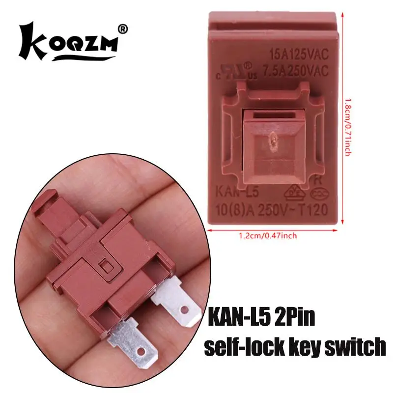 1PC KAN-L5 2Pin self-lock key switch water heater vacuum cleaner switch 7.5A 250VAC button power switch lock switch