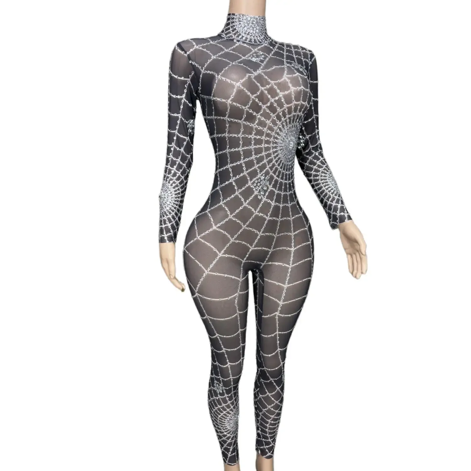 Spider web Women Long Sleeve Sexy Printed Hot Diamond Skinny Long Foot Jumpsuit Nightclub Party Prom Stage Performance Costumes