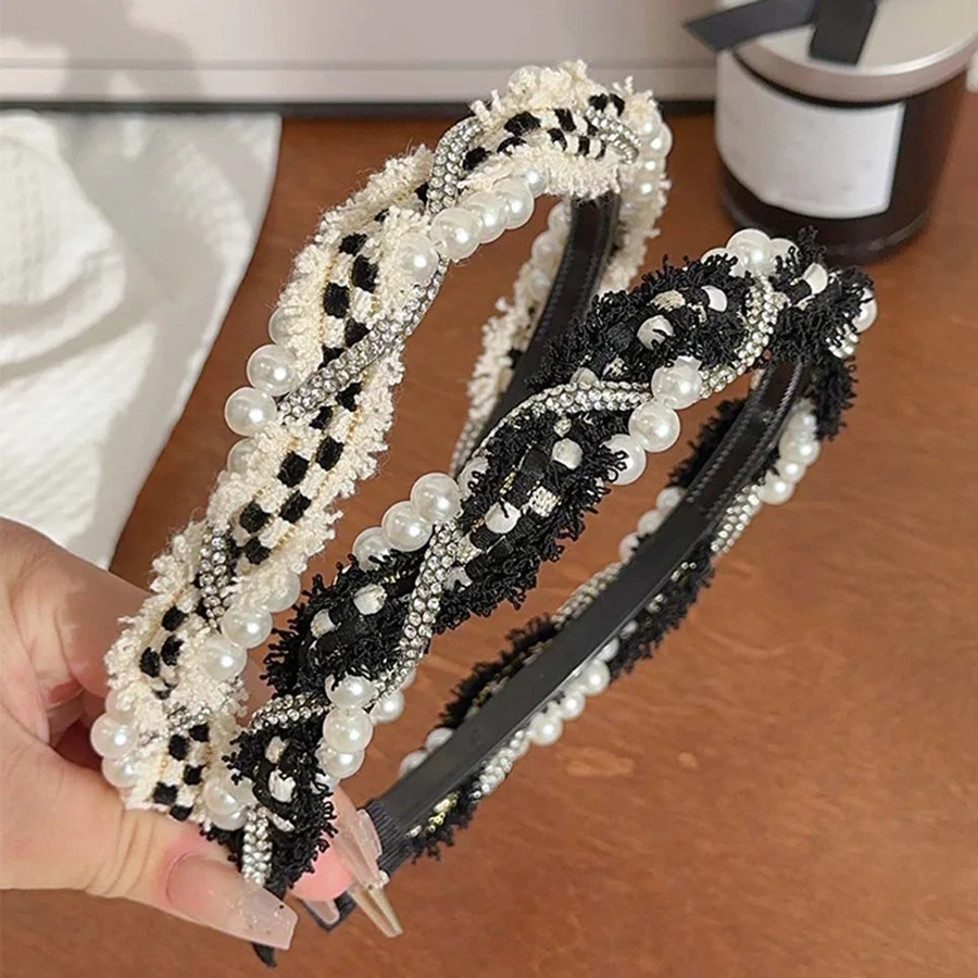 Pearl Rhinestone Winding Headband Twist Hairband, Hoop de cabelo elegante de alta classe, acessórios coreanos para mulheres e meninas