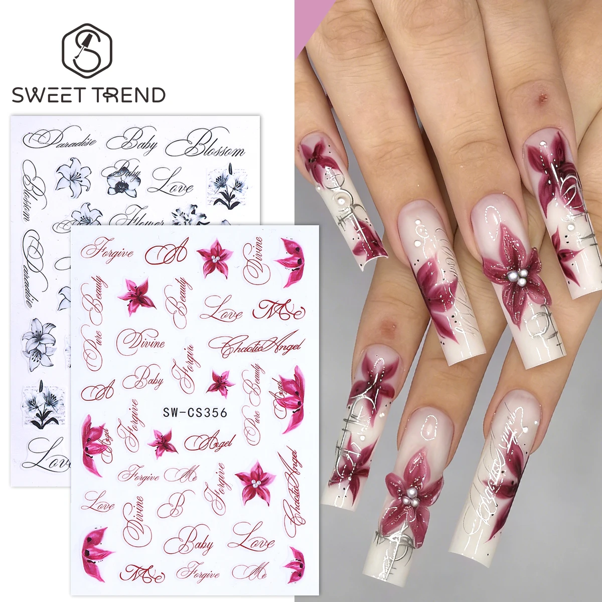 2 szt. Różowo-czarne naklejki na paznokcie z kwiatami lilii, retro angielskie litery, kwitnące kwiatowe wzory, naklejki z płatkami, letni motyw, dekoracje do manicure