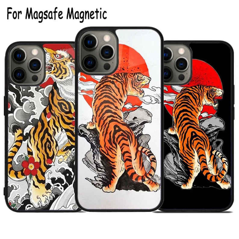 Tiger Red Sun Japan Art Wireless Charge Magsafe Phone Case For iPhone 15 16 14 13 11 12 Pro Max Plus Magnetic Bumper Cover