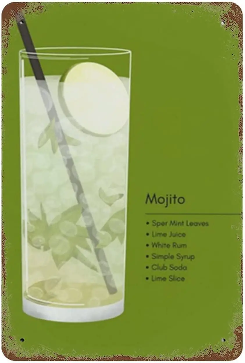 Mojito Cocktail Recipe Metal Tin Sign Retro Poster Decor Wall Decor For Bathroom Coffee Shop Decor Bar Man Cave Garage Wall Deco