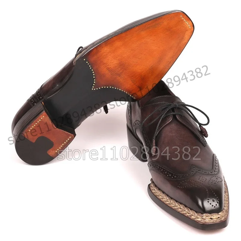 Brown Knitted Carving Design Square Toe Men Derby Shoes Fashion Lace up Men Shoes Luxury Handmade Party Banquet Men Dress Shoes