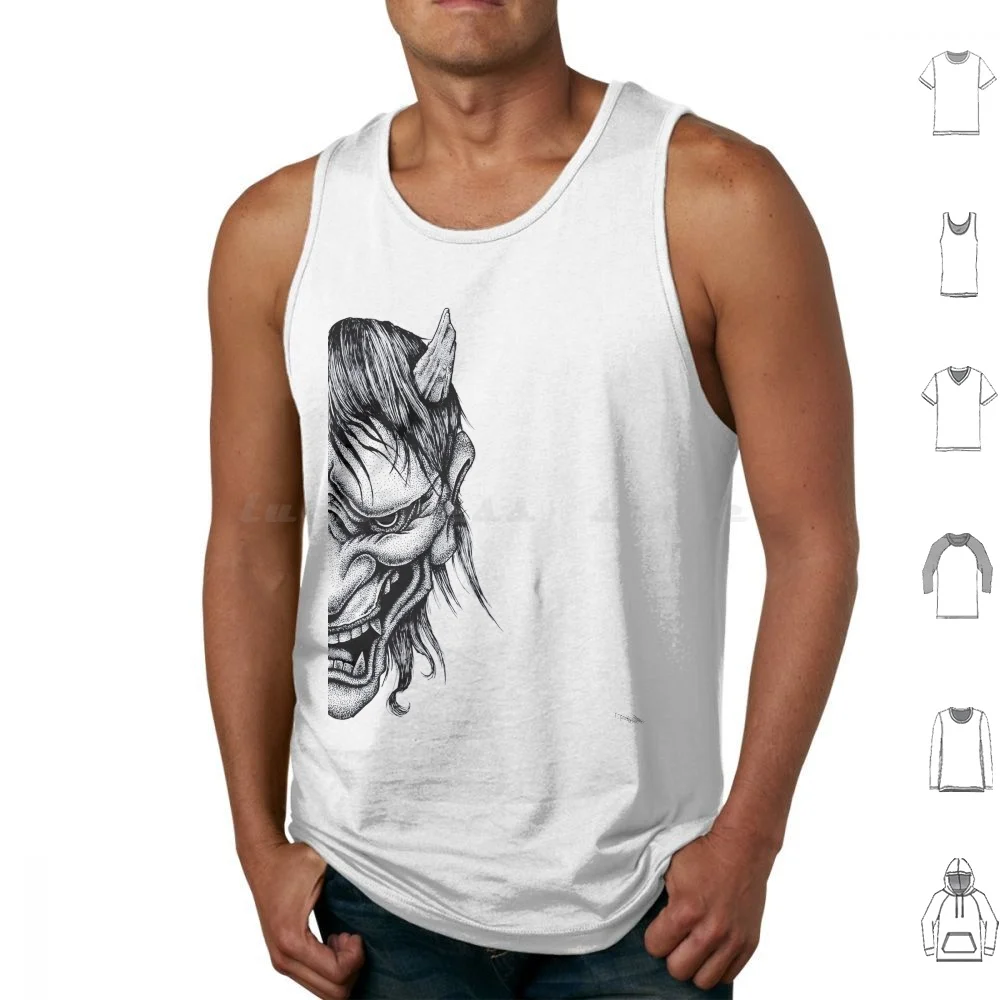 Hannya Mask Tank Tops Vest Sleeveless Hannya Japan Culture Japanese Pointillism Pointilist Dots Dot Face Portrait Half