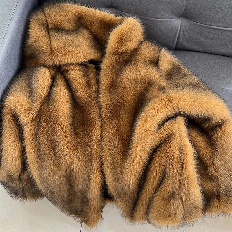 Hooded Zipper Short Faux Fur Coats Luxury Brown Furry Jackets Fluffy Casual Loose Faux Rabbit Plush Coats Warm Thick Outerwears view 3