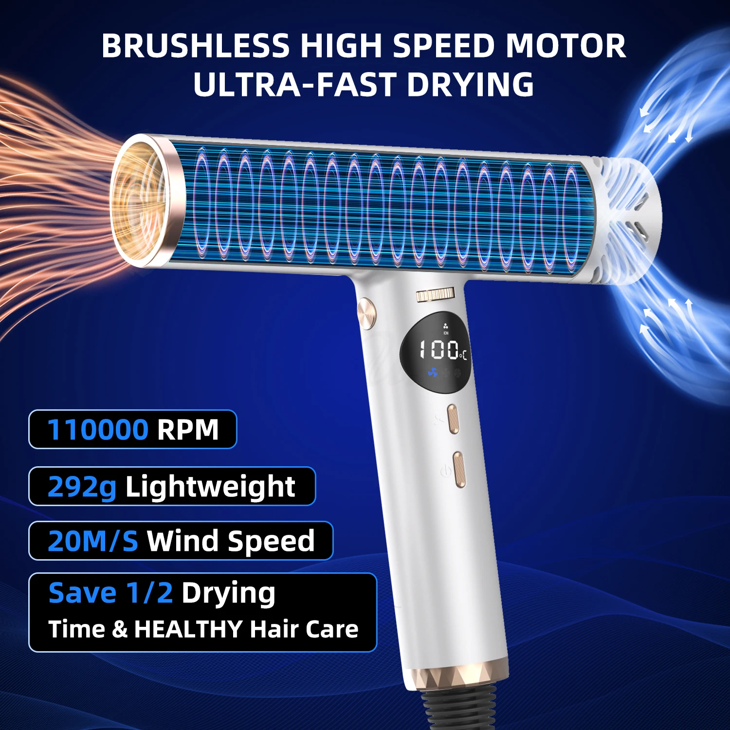 High-speed Hair Dryer Electric Turbine Airflow Blow Dryer Low Noise Constant Temperature And Quick Drying Suitable For Home