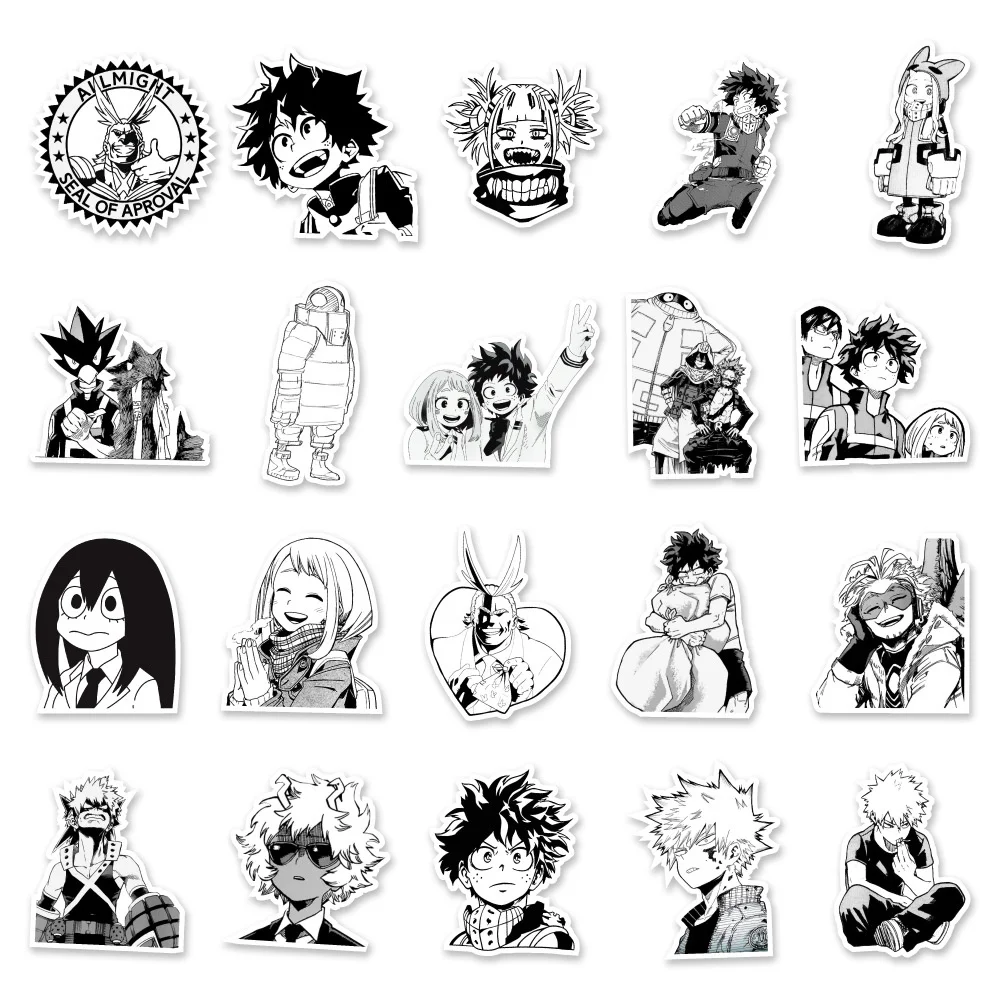 50PCS Anime Black and White My Hero Academia Graffiti Waterproof Sticker Creative Decoration Guitar Playing and Singing Helmet