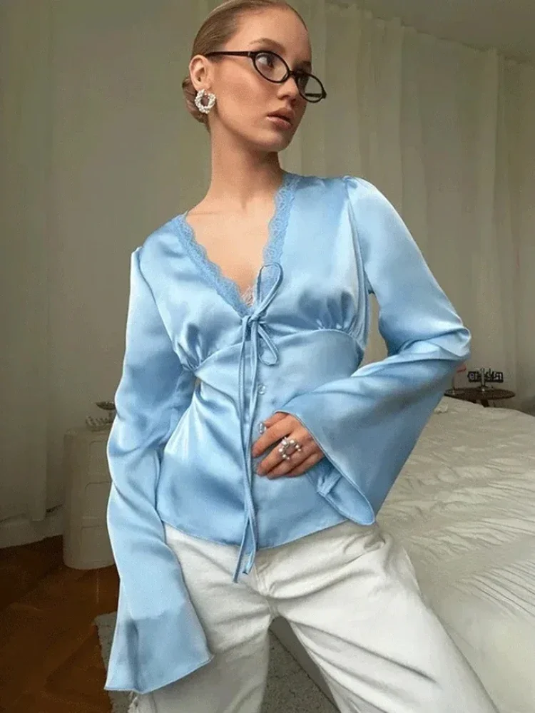 Women Light Blue Satin Lace Trim Tie Front Blouse Elegant V Neck Flare Long Sleeve Top 2025 Lady Casual Work Office Party Shirt
