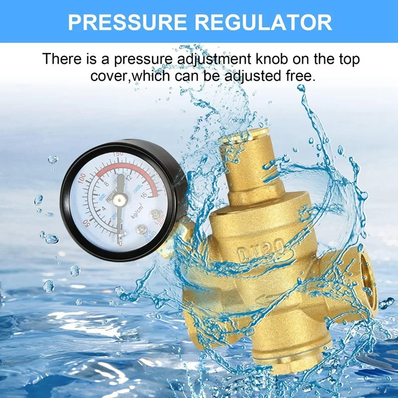 Water Pressure Regulator 3/4In With Gauge, Adjustable Water Pressure Reducing Valve For Water Pressure Regulator DN20