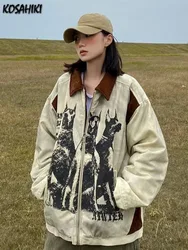 Y2k Aesthetic Cartoon Printing Coat Women Vintage Turn Down Collar Casual Patchwork Tops 2024 Harajuku Oversized Pocket Jacket