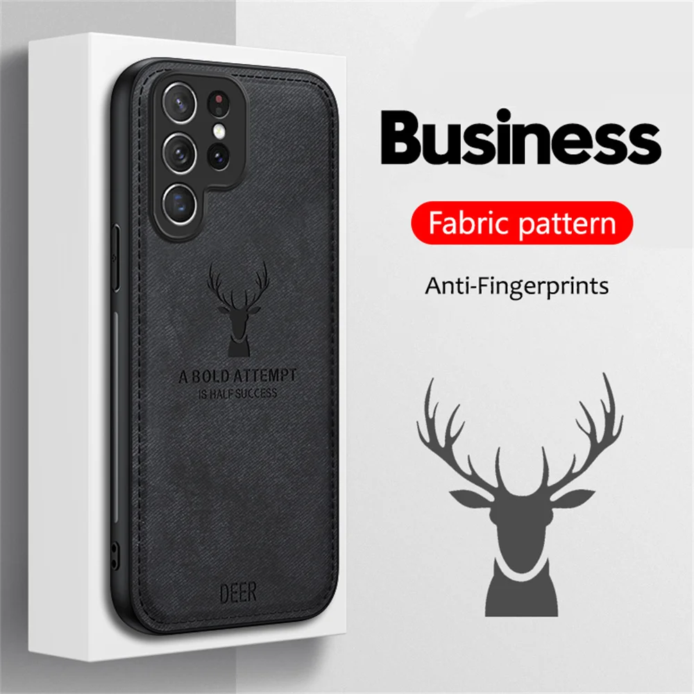 Retro Business Fabric Pattern Deer Case For Samsung S24 S23 S22 S21 Plus Ultra S20 FE Note 20 A14 A34 A32 A52 A54 A72 A71 A51