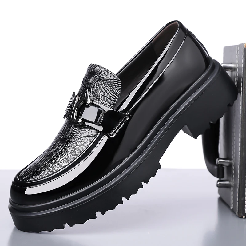 أحذية أكسفورد مريحة للرجال عالية الجودة، أحذية أكسفورد عصرية ذات نعل سميك من جلد التمساح، أحذية جلدية رسمية برباط للأعمال