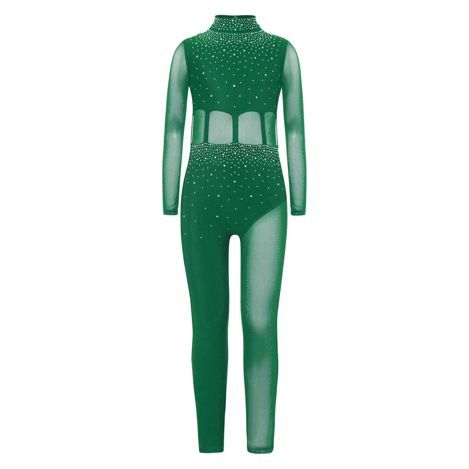 Kids Girls Sparkly Rhinestones Gymnastics Unitards Jumpsuit Figure Skating Costume Sheer Mesh Ballet Leotard Full Body Bodysuit