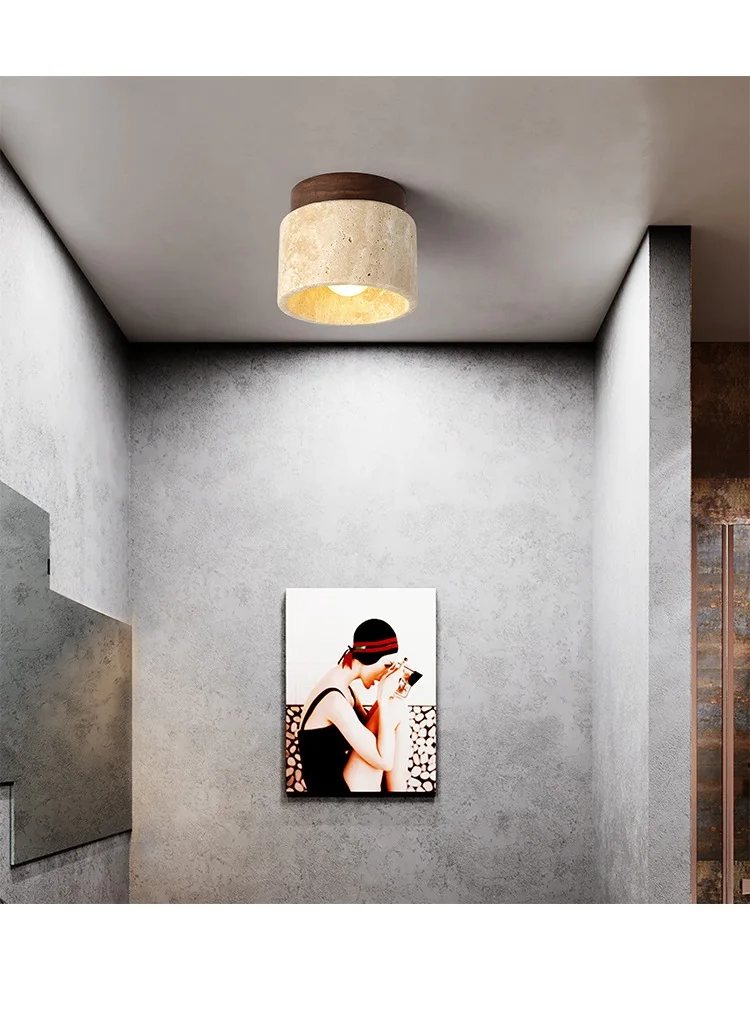 天然イエロー-トラバーチン製埋め込み式シーリングライト、直径12cm-高さ10cm-わびさび風シーリングランプ、無垢材使用、e27口金、廊下用