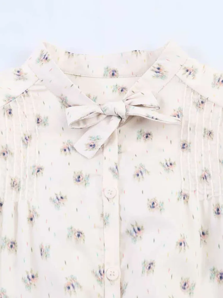 

White Floral Print Bow Women's Blouse Minimalist Fashion Cute Ditsy Floral Button Down Shirt 2026 Women's Office Wear Tops