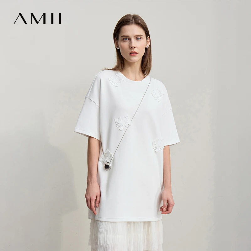 Amii T-shirt femme 2026 printemps nouveau col rond épissage dentelle manches courtes T-Shirt femme ample élastique coton haut en tricot 12641039