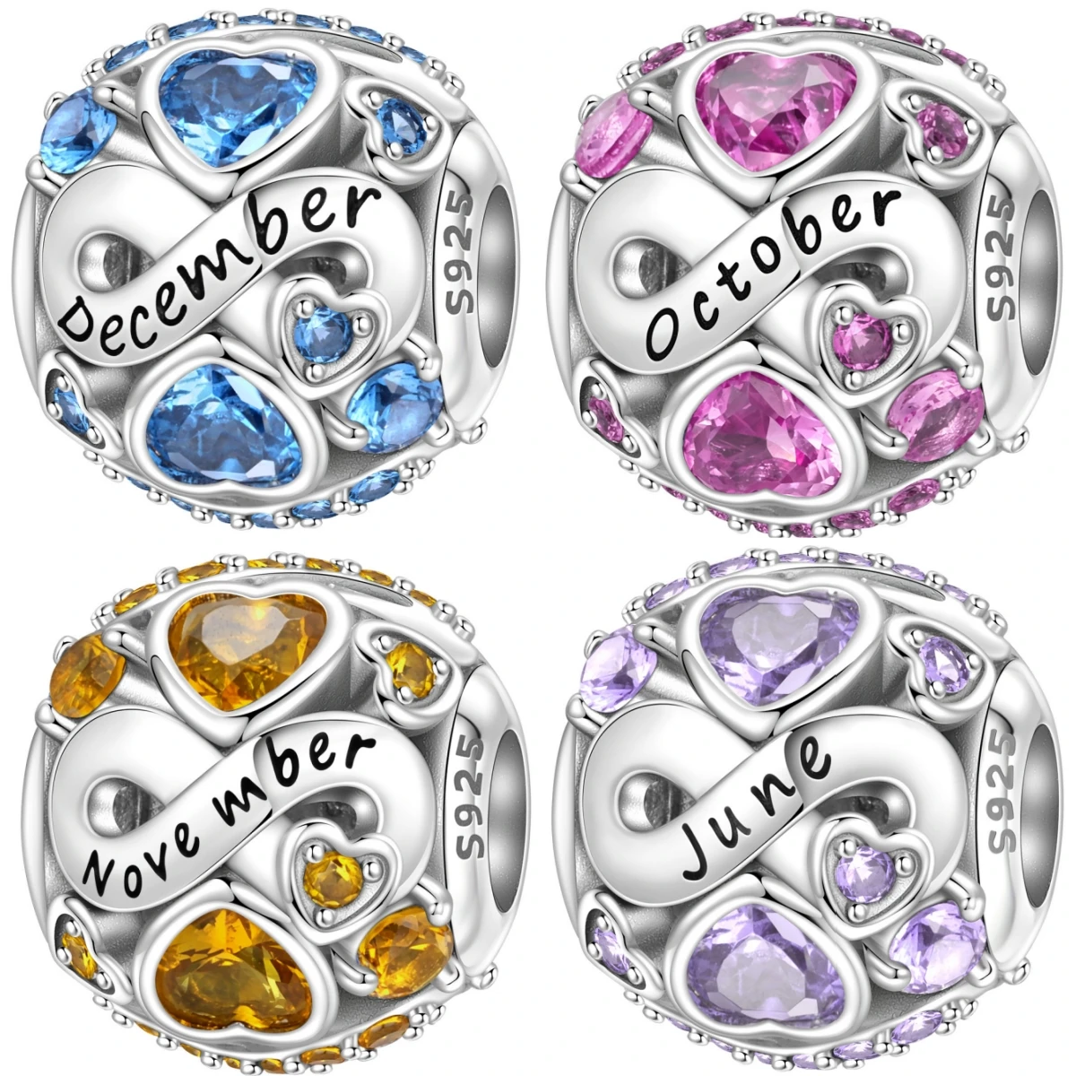 925 Sterling Silver Birthstone Charms Month Heart Zircon Bead Original Pendants Bracelet Necklace Charm Party Birthday DIY Gift