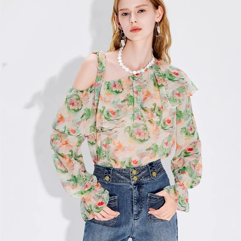 Soft Chiffon Flower Shirts Nice Rose Floral Printed Blouse for Women Gentle Lady Off Shoulder Ruffled Camisa Spring Korean Girls