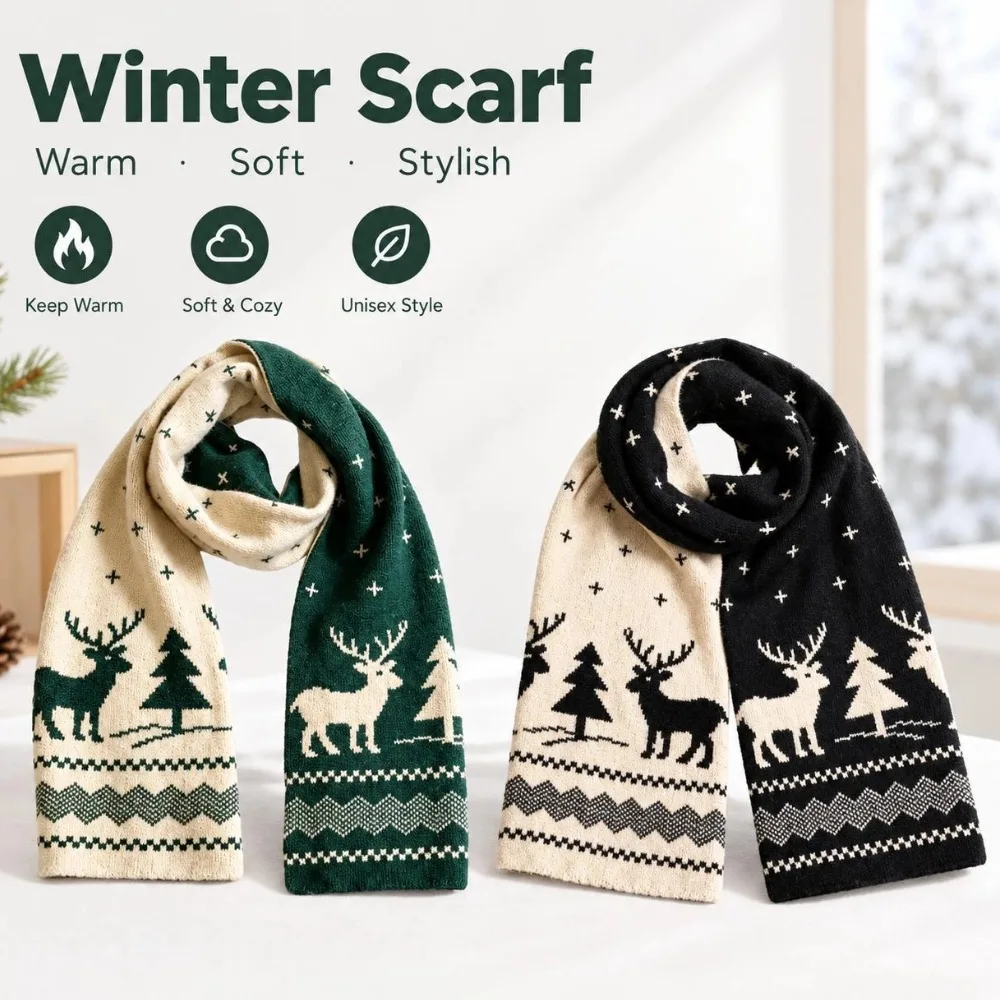 Winter Warm Scarf for Women Men Deer Elk Double-Sided Knitted Scarves Warm Windproof Winter Scarf for Couples