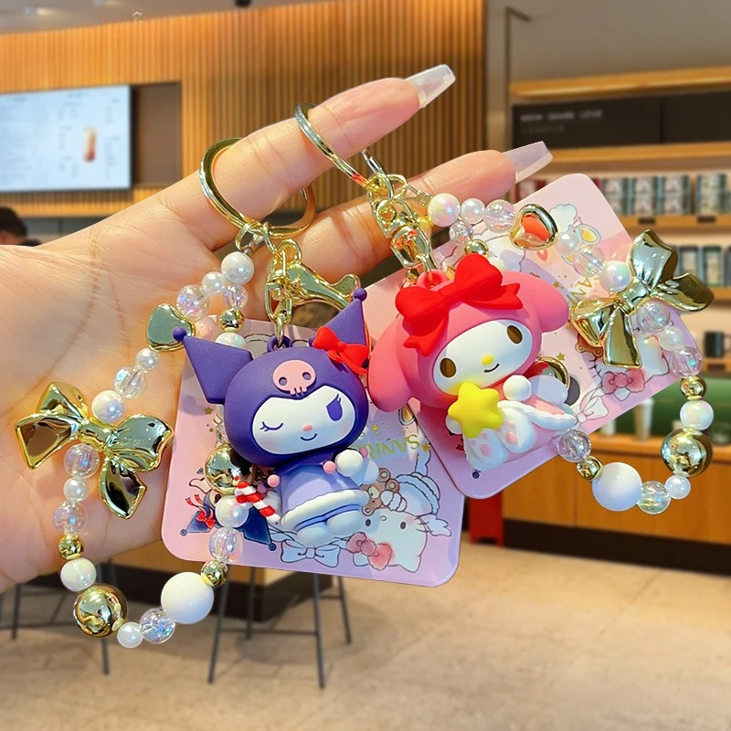 Genuine Sanrio Kawaii Hello Kitty Beaded Phone Chain Japanese Cartoon Couple Keychain Bag Pendant Car Key Accessories