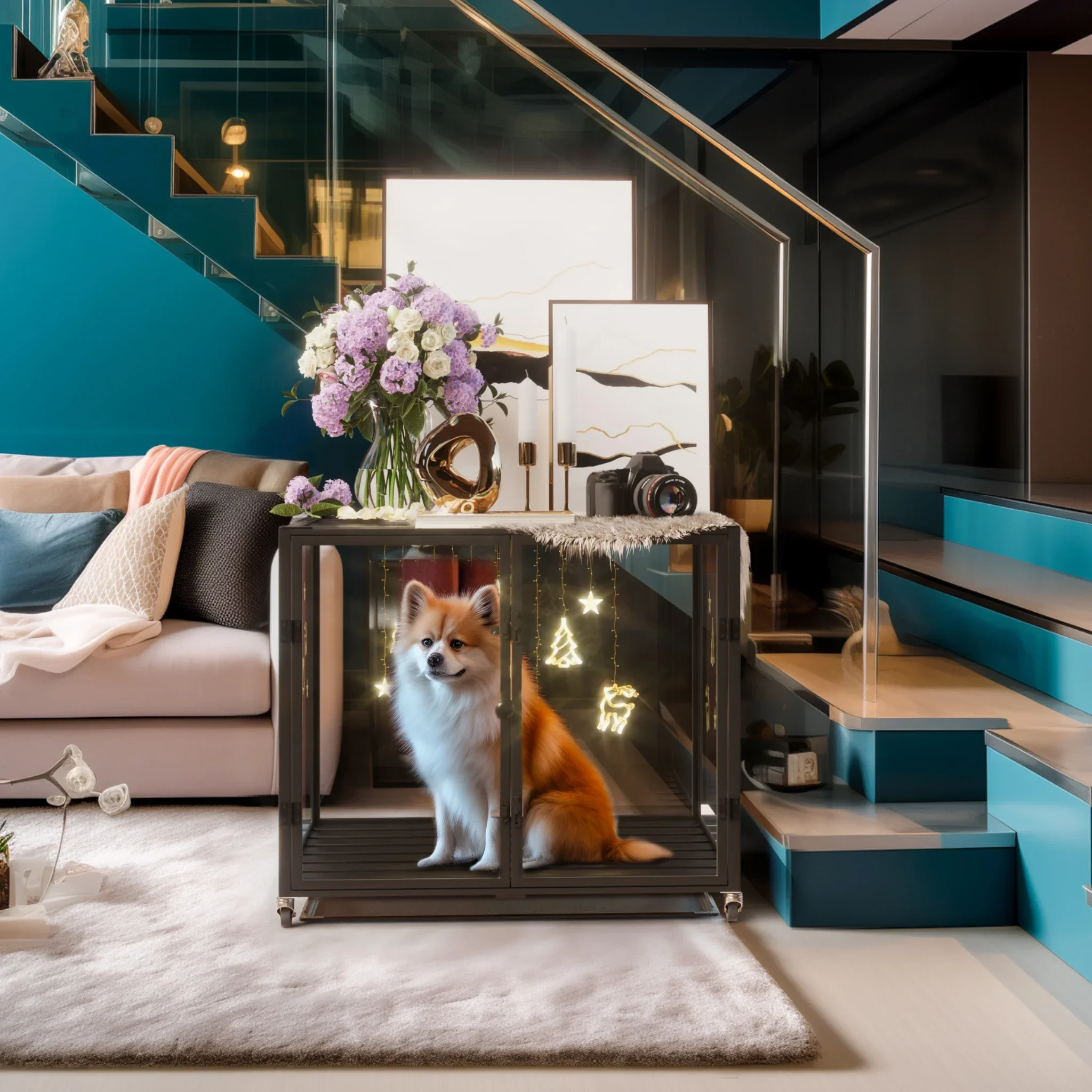 

# Для 30 дюймов, 34 дюйма, 63 дюйма, сверхпрочный ящик для собак с 4 бесшумными колесами, трехдверная прозрачная клетка для собак из закаленного стекла с подносом, металлический черный