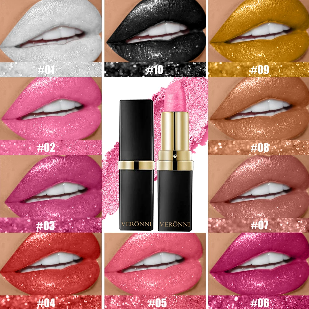 10  Colors Glitter Lipstick Waterproof Long Lasting Diamond Pearlescent Metallic Lipstick Lipgloss Women Lips Makeup Cosmetic