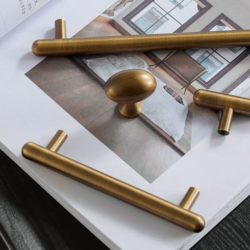 Solid Brass T Bar Cupboard Door Pulls Matte Black Drawer Knobs Copper Cabinet Handles Antique Minimalist Furniture Handles