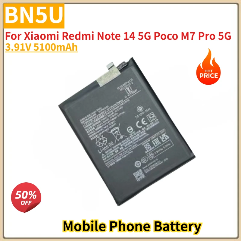

BN5U High Quality Phone Battery 3.91V 5100mAh For Xiaomi Redmi Note 14 5G Poco M7 Pro 5G Brand New Replacement Battery