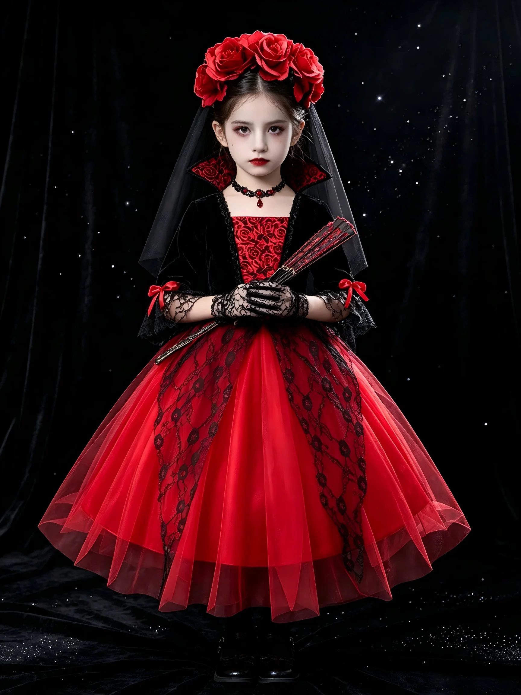 Girls Gothic Dark Vampire Bride Costume Lace Tulle Dress Rose Veil Fan Accessories Kids Halloween Cosplay Party Fancy Outfit image 5