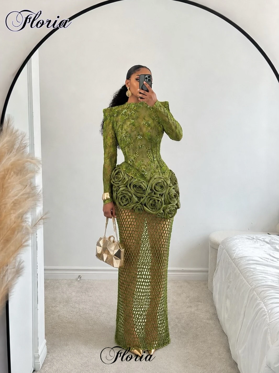 Haute Couture Mode Grüne Promi-Kleider Meerjungfrau-Stil Lange Ärmel Abendkleider Tägliche Kleidung Party Vestidos De Noche Maßgeschneidert