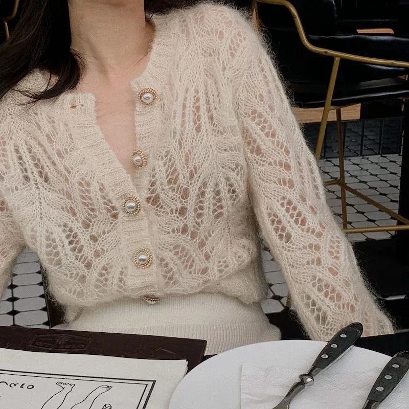 Short O Neck Pearl Buckle White Hollow Out Thin Women Knitted Cardigan Fashion French Casual Loose Lady Sweater Tops Jumper 7620