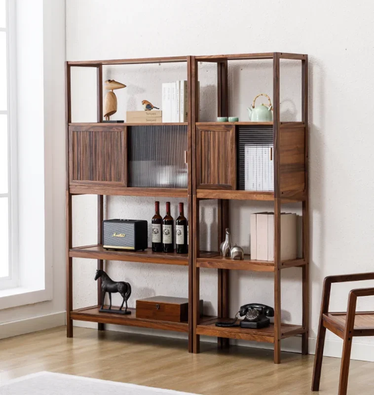 

New Chinese Style Solid Wood Walnut Tea Set Duobao Pavilion Shelf Tea Display Cabinet Living Room Bookshelf