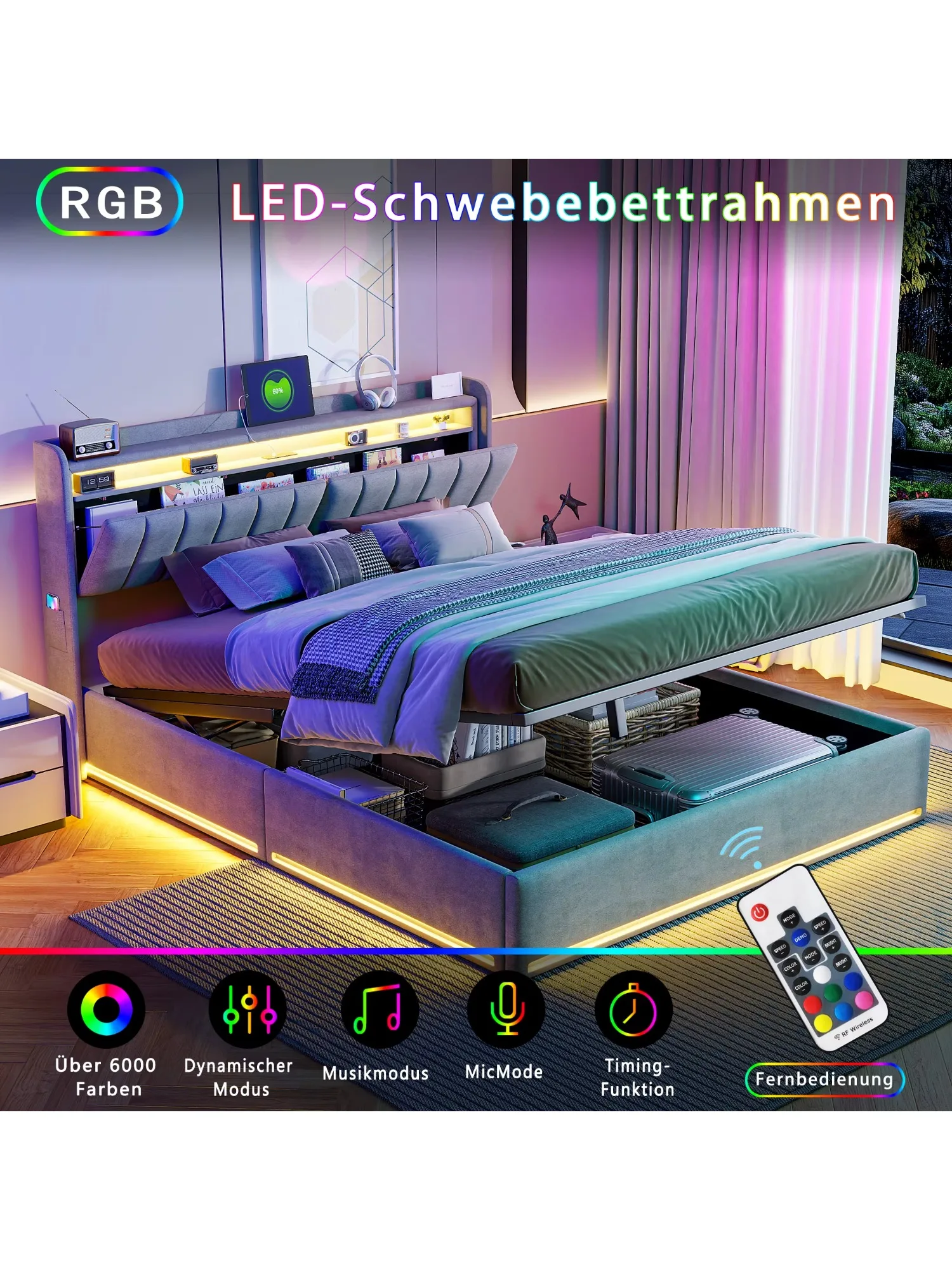 Fangange gestoffeerd tweepersoonsbed 140x200cm met opberghoofdbord en hydraulische opbergruimte, eenpersoonsbed met LED en USB-oplader - afbeelding 2