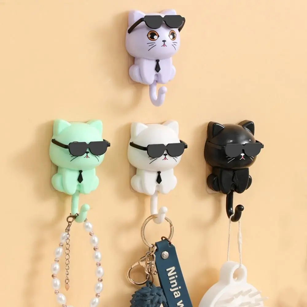 Cute Plastic Cartoon Cat Hooks Decorative Wall Hanging Sunglasses Cat Hooks Waterproof Sticky Hooks Dormitory