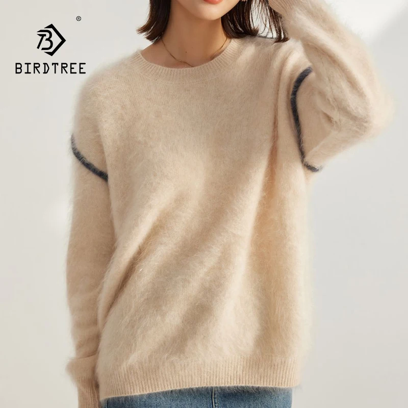 BirdTree, 100% Cashmere Elegant Sweater,Color Blocked Brushed Cashmere Sweater Round Neck Fashionable,Autumn and Winter T48921KS