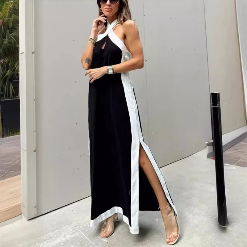 Boho Summer Sexy Women\'s Dress New Style Cotton Linen Backless Halterneck Slit Vintage Prom Dresses For Women Maxi Robe Femme