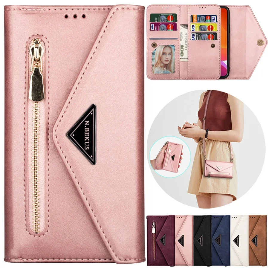 Wallet Leather Bag W/Two Ropes Zipper Case For iPhone 15 Plus 14 Pro Max 13 Pro 12 11 SE 2022 2020 X XR XS Max 8 7 6S Plus 5 5S