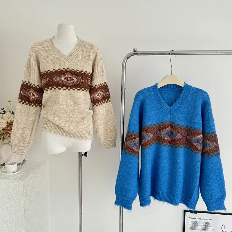Retro-style Diamond-shaped Jacquard Pullover Sweater V-neck Knitted Sweater Top Long Sleeve Winter Autumn Knitwear Trend 2025