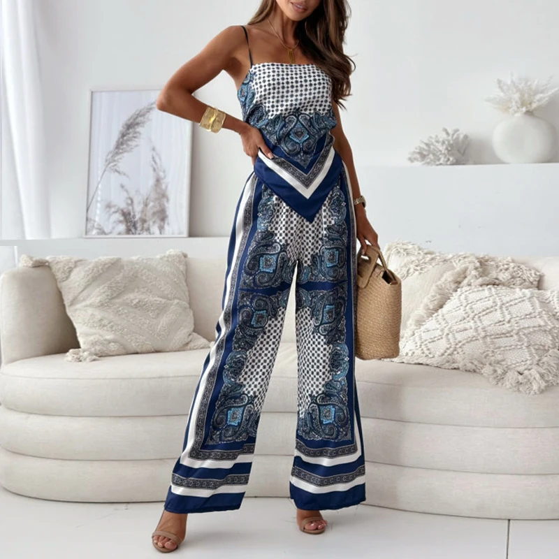 Women Elegant Backless Tie-up 2Pc Suit Sexy Off Shoulder Sling Top & Long Pant Outfits Fashion Pattern Print Loose Straight Sets