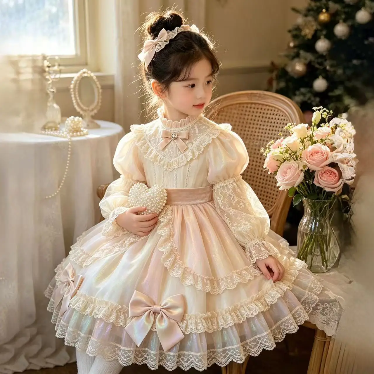 Girl Princess Dress Spring and Autumn New Girl Lolita Palace Dress Children's Butterfly Fluffy Cake Dress 2-9Years