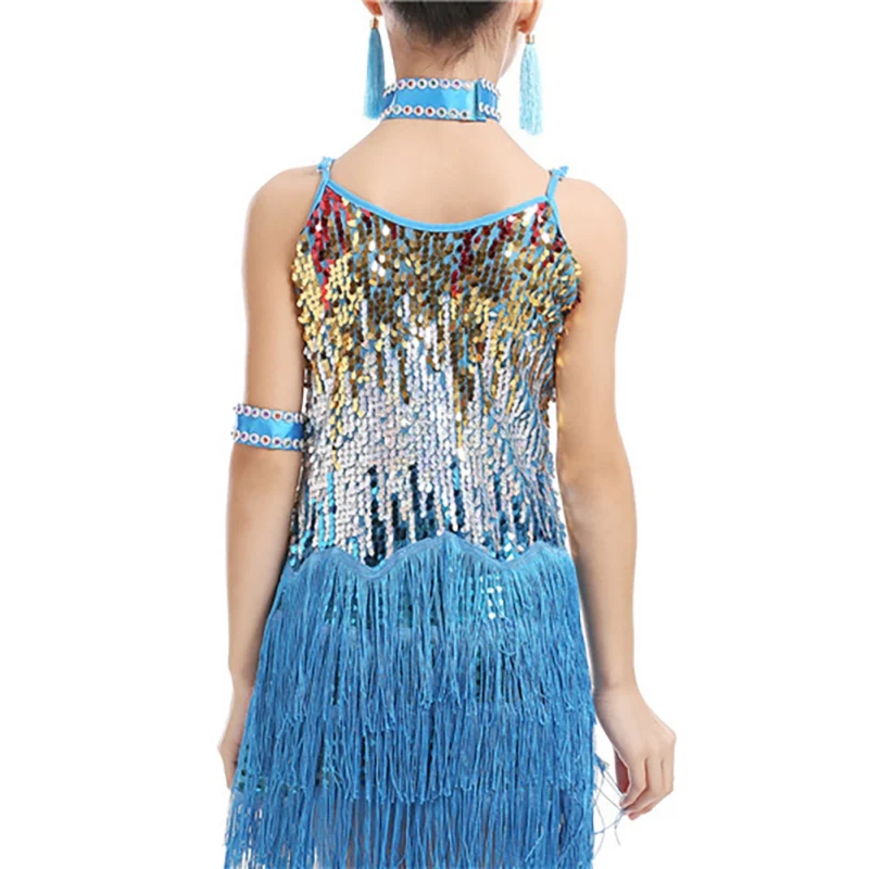 Latin Dance Tassels Dress for Children Girls Sequin Glitter Professional Training Costume Kid Stage Latin Tango Dance Wear 3-15Y