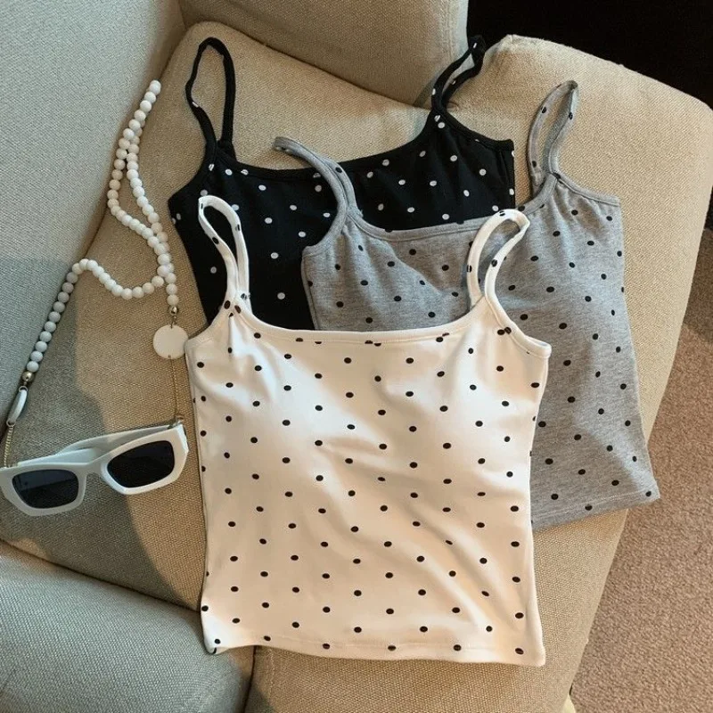 Women Summer Sweet Polka Dot Lace Edge Tank Tops Bow New Inner Layer Bottom Shirt With Bra Pad Slim 2024 Backless Slim Fit Camis