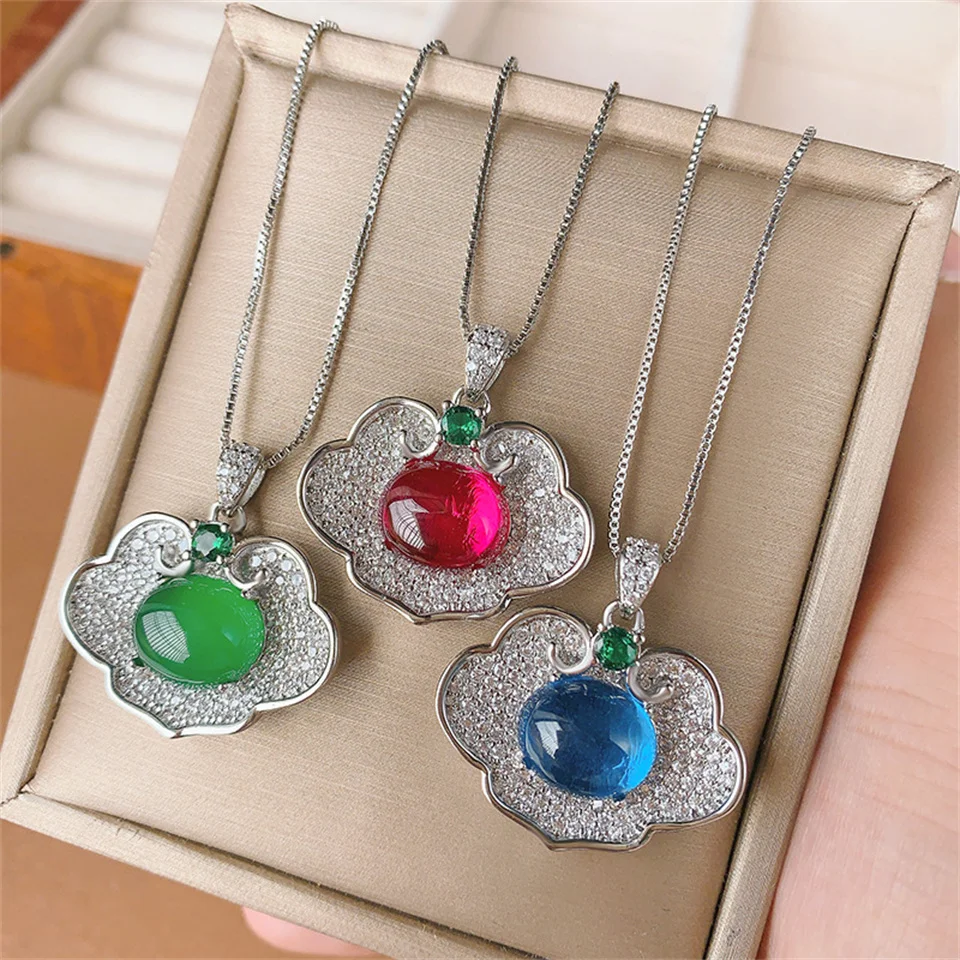 

Lucky Icy Fluorescent Green Chalcedony Ruyi Pendant Colored Gemstone Stainless Steel Necklaces For Protection Main Stone 10*12