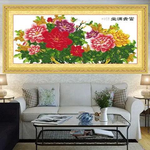 Handmade cross stitch finished product, full of wealth and prosperity, with blooming peonies in the living room. New embroidery