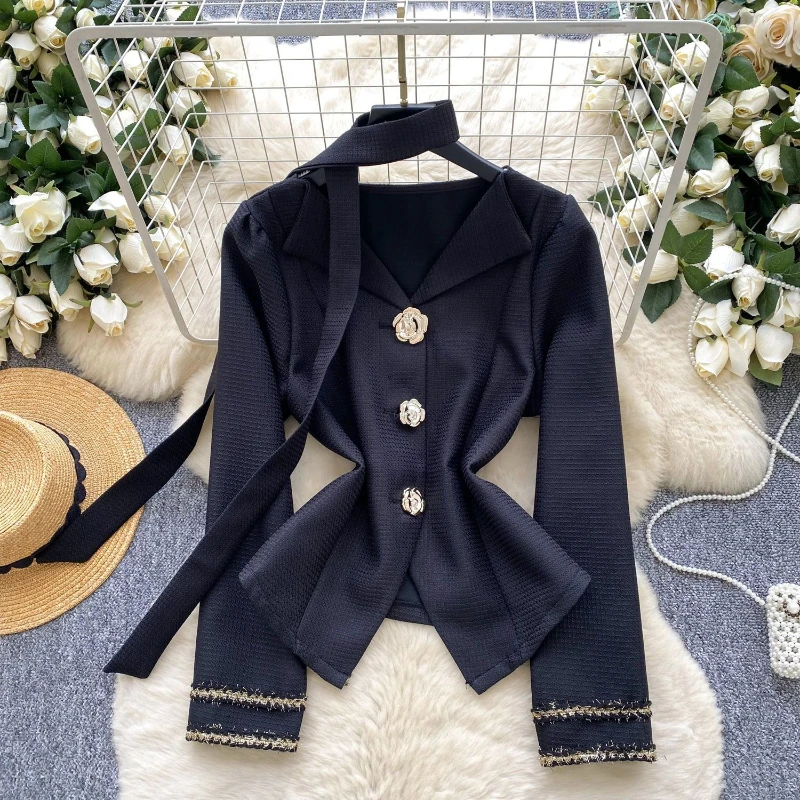 Small fragrant style laple collar long sleeved rose button jacket women in spring new versatile and chic elegant jacket