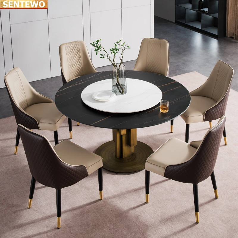 Designer Luxury round dinning Marble Rock Slab dining table set 4 chairs tablo furniture meuble marbre Stainless steel gold base